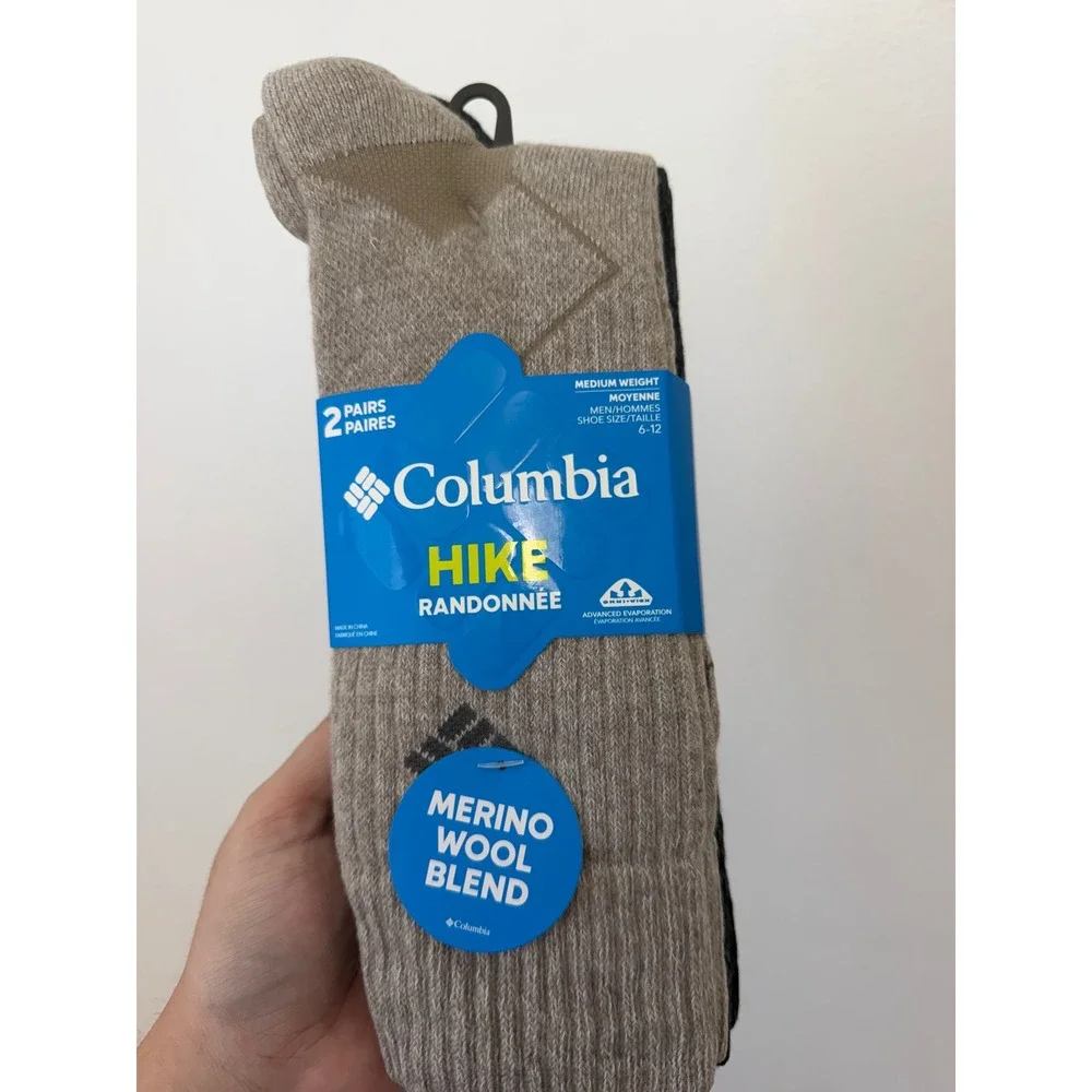 Columbia Men's Wool Blend Hiking Socks 2-Pack – Tan & Gray – Size 6-12 – NWT